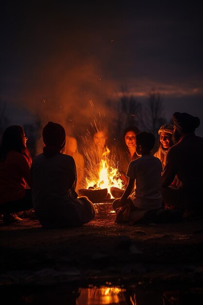 silhouette of a family gathered around the fire celebrating Lohri suitable for a poster background