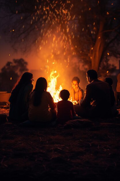 silhouette of a family gathered around the fire celebrating Lohri suitable for a poster background