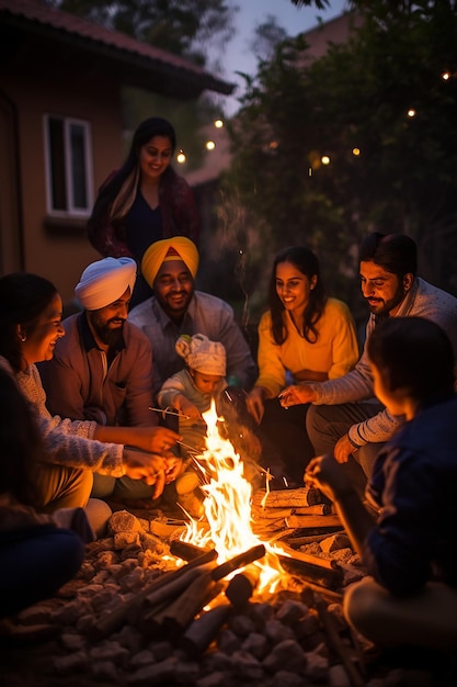 silhouette of a family gathered around the fire celebrating Lohri suitable for a poster background