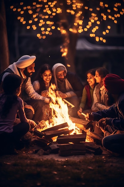 silhouette of a family gathered around the fire celebrating Lohri suitable for a poster background