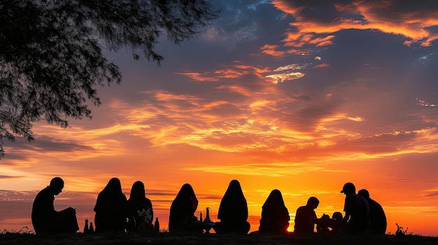 The silhouette of a family gathering for Suhoor before daylight