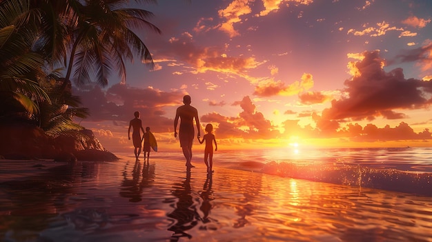 Silhouette of a family holding hands while walking along a beach at sunset creating a heartwarming s