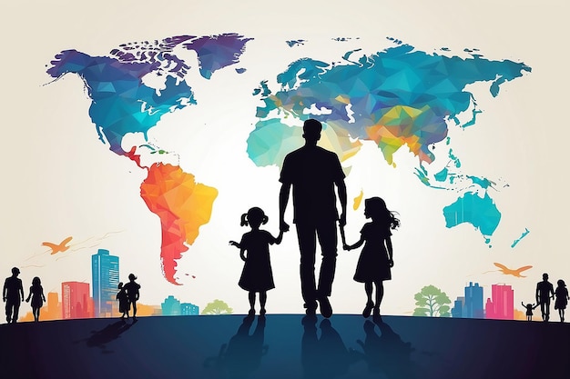 Silhouette family play with child Happy Global Day of Parents Earth map Background