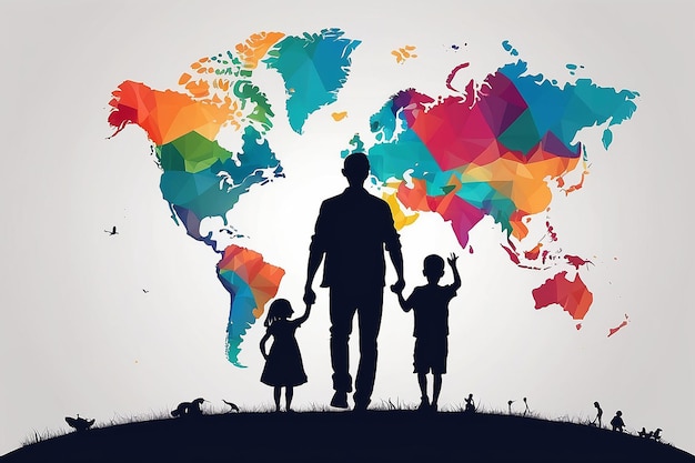 Silhouette family play with child Happy Global Day of Parents Earth map Background