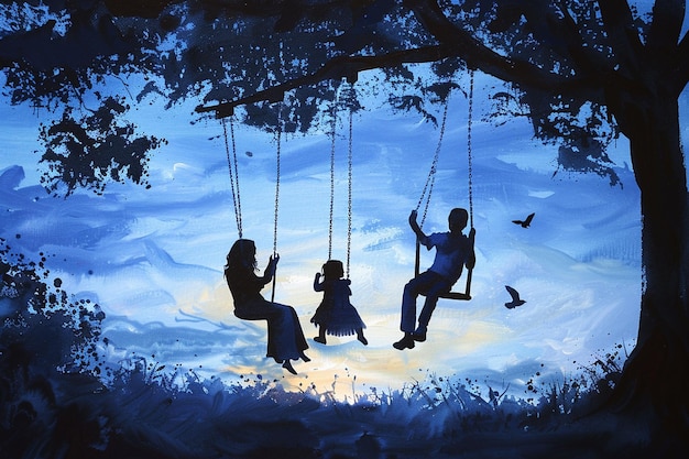 Photo silhouette of family swinging on a tree in sunset ai generated art