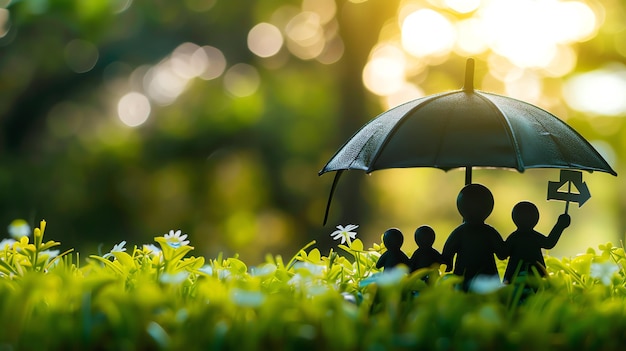 Silhouette of a family under an umbrella in a field