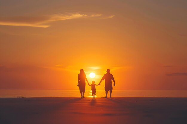 Photo silhouette of a family walking on a beach at sunset