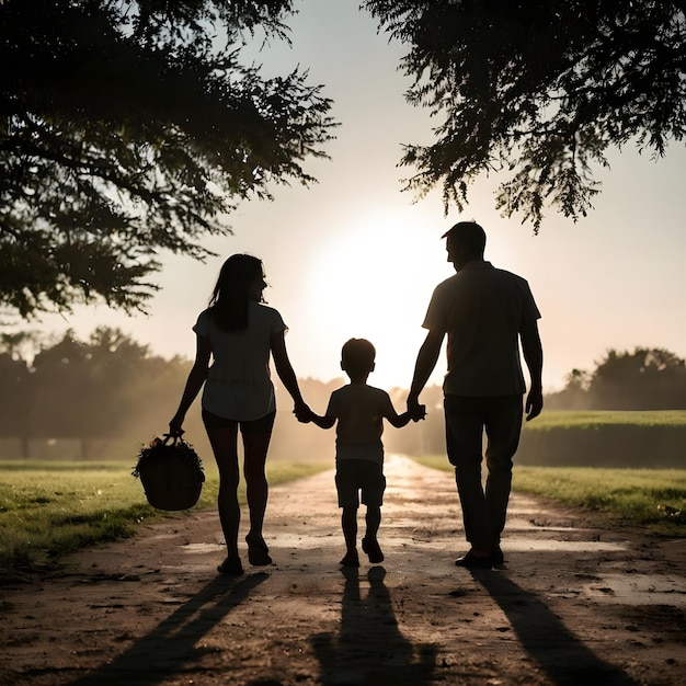 silhouette of family walking and having fun outside