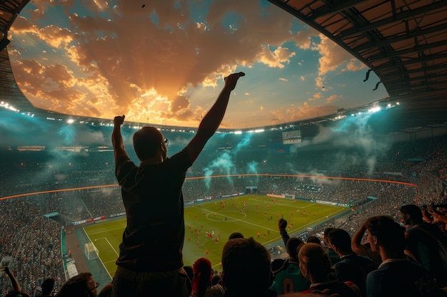 Photo a silhouette of a fan cheering during a football game at sunset with the crowd and field in the background capturing the passion and energy of a football stadium atmosphere