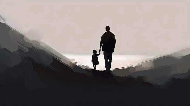 Silhouette of a father and child holding hands on a beach