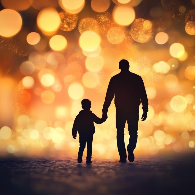 Silhouette of Father and Son Walking Hand in Hand with Warm Bokeh Background