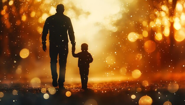 Silhouette of Father and Son Walking Hand in Hand with Warm Bokeh Background