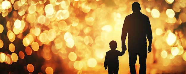 Photo silhouette of father and son walking hand in hand with warm bokeh background