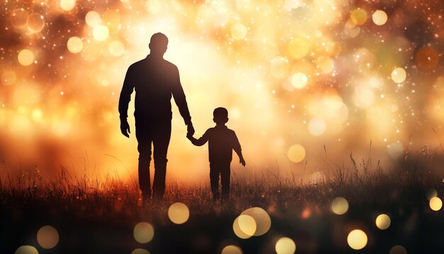 Silhouette of Father and Son Walking Hand in Hand with Warm Bokeh Background