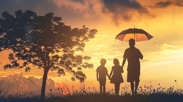 A silhouette of a father with two children walking at sunset holding an umbrella