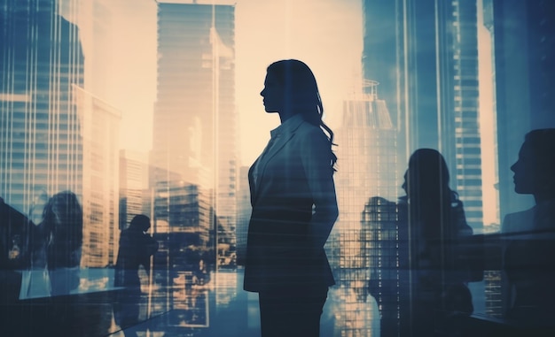 Silhouette of a female businesswoman double exposure against an urban city background