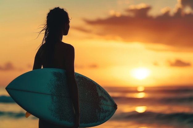 Silhouette of a Female Surfer with Board Watching Sunset on the Beach Surfing Lifestyle and Summer Vibes Concept