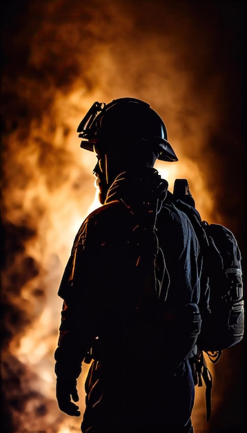 Silhouette of firefighter primarily to extinguish hazardous fires with Generative AI Technology