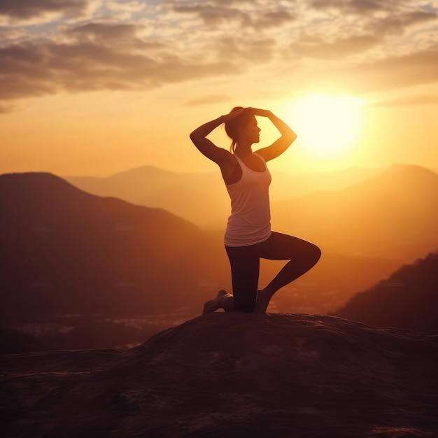 Silhouette fitness girl practicing yoga on mountain with