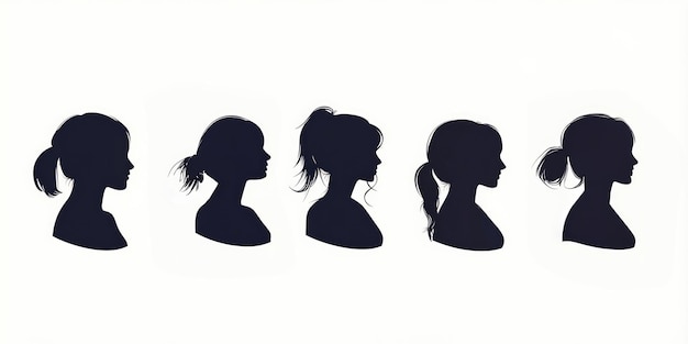 Photo silhouette of five female heads in profile each showcasing different hairstyles depicted in black against a white background