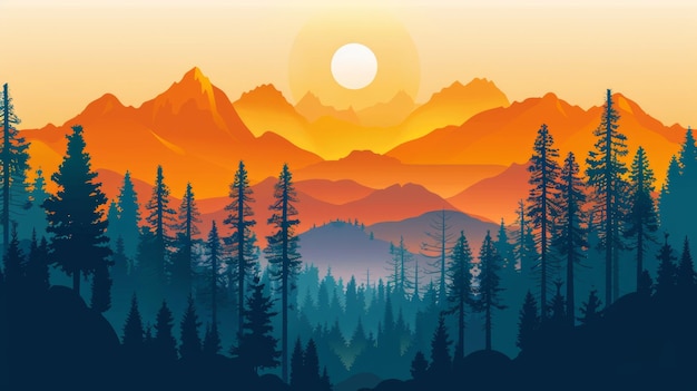 Silhouette of forest and mountains at sunset