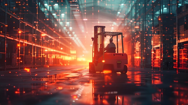 Silhouette of Forklift and Profit Chart in Double Exposure for Logistics Finance Concept