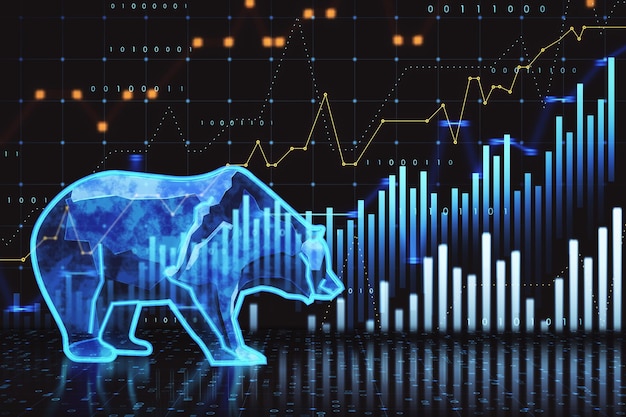 Silhouette form hologram of bear on financial stock market graph representing stock market crash or down trend investment on black backdrop 3D Rendering