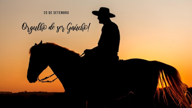 Silhouette of a gaucho with hat on horseback at sunset