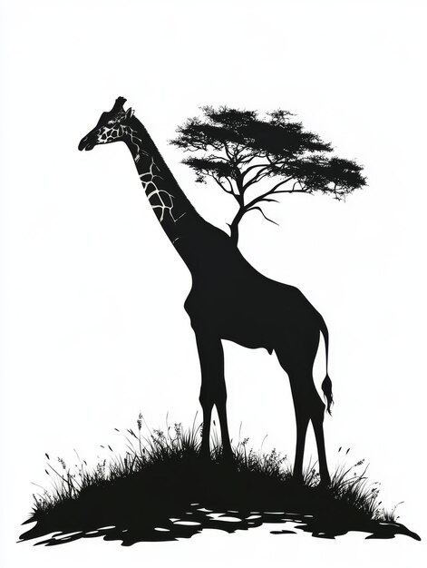 Photo silhouette of a giraffe and tree in black and white