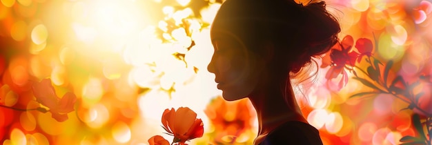 Photo silhouette of a girl in autumn flowers and sunlight