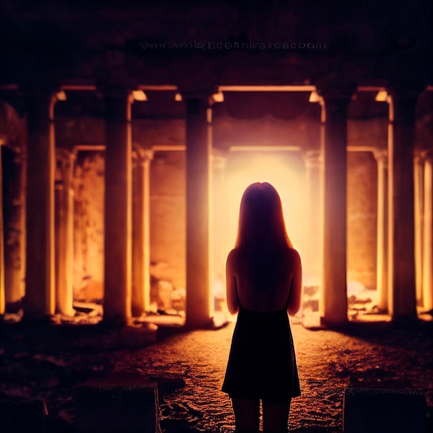 Silhouette of a girl on the background of ancient ruins