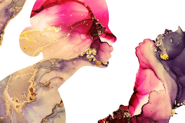 Silhouette of a girl on the background of the texture of alcohol ink