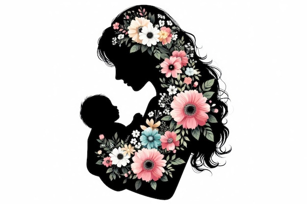 Silhouette of a girl in flowers with a baby in her arms on a white background