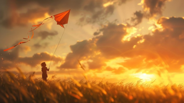 Silhouette of a Girl Flying a Kite at Sunset