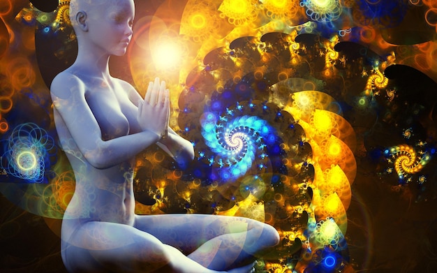 Silhouette of a girl in Lotus position on the background of the fractal universe 3D illustrations