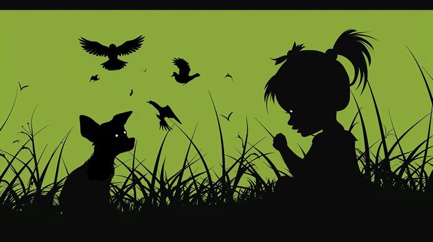 a silhouette of a girl and the silhouette of a girl with birds flying in the sky