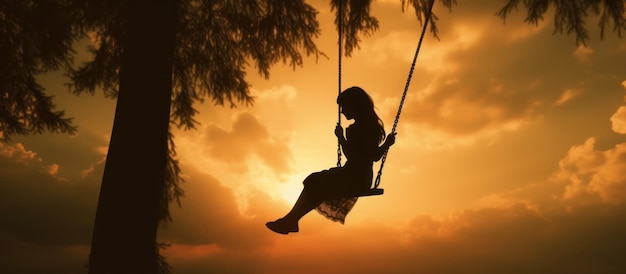 Silhouette of a Girl on a Swing at Sunset