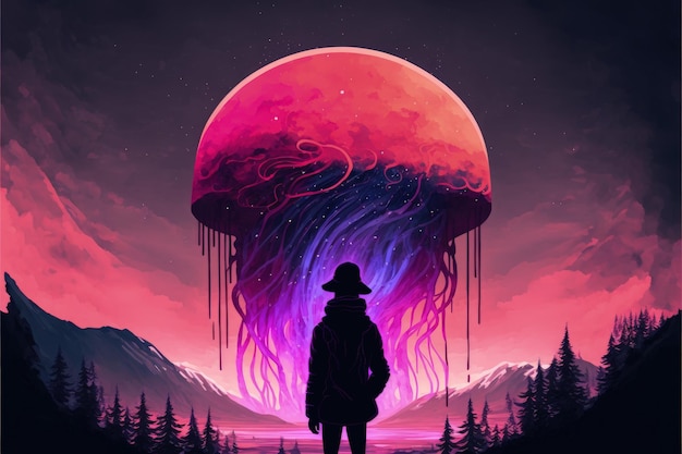 Silhouette of girl viewing enormous jellyfish floating in the sky Fantasy concept Illustration painting Generative AI