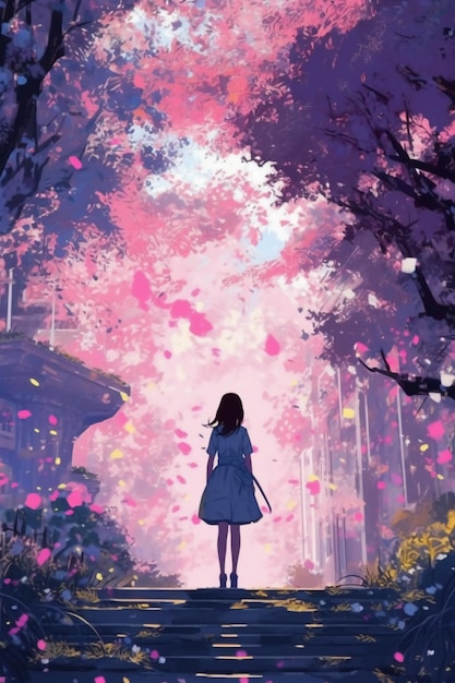 The silhouette of a girl walking into a garden of flowers AI generative