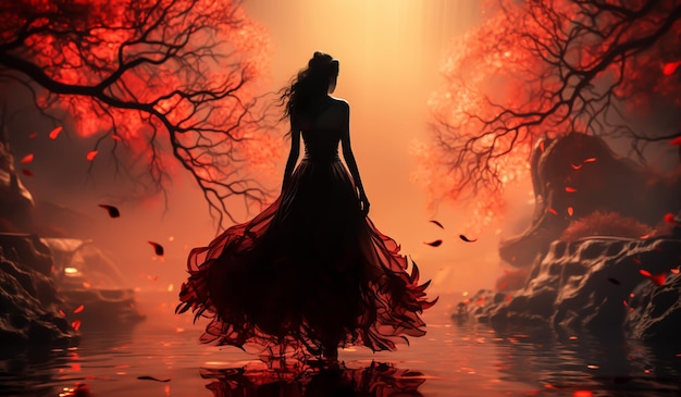 Silhouette of girl with floating dress in fantastic red environment AI generated