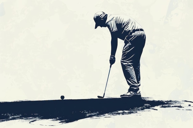 A silhouette of a golfer lining up a putt on a blue putting green A monochromatic illustration of a golfer lining up a putt