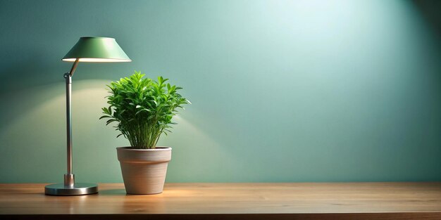 Silhouette of green plant in pot with lamp on table