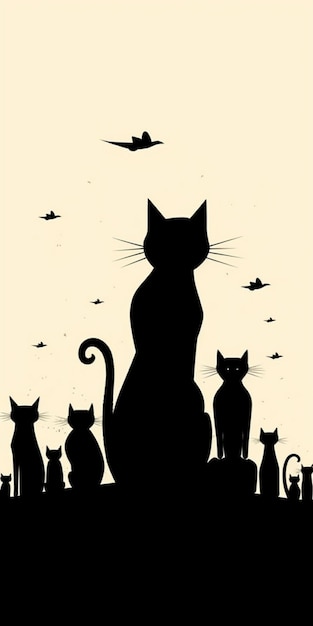 Silhouette of a group of cats sitting on a hill with birds flying overhead generative ai