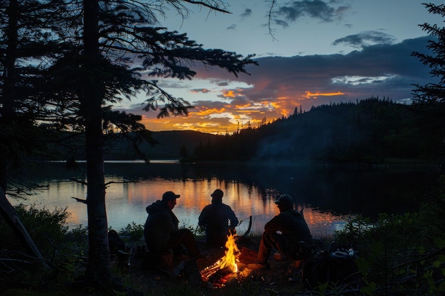 Photo a silhouette group of friends gather around a campfire camping in a forest near a lake