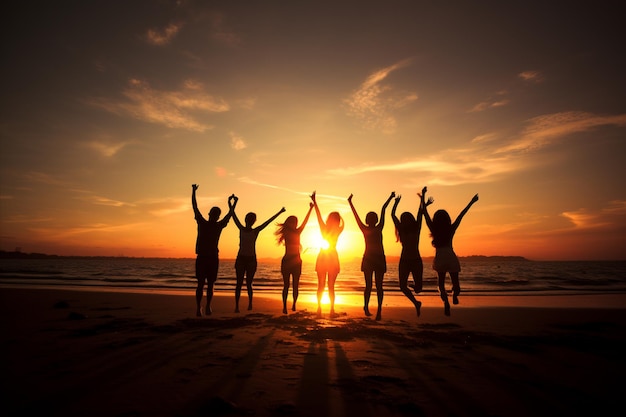 Silhouette of Group of Friends Jumping on the Beach at Sunset