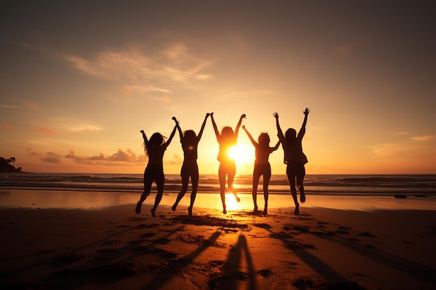 Silhouette of Group of Friends Jumping on the Beach at Sunset