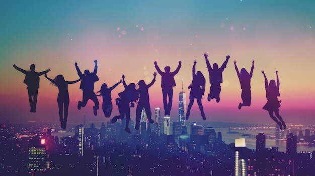 Silhouette of a group of friends jumping over a cityscape at sunset