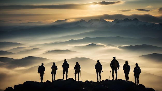 Silhouette of a group of hikers on top of a mountain at sunrise