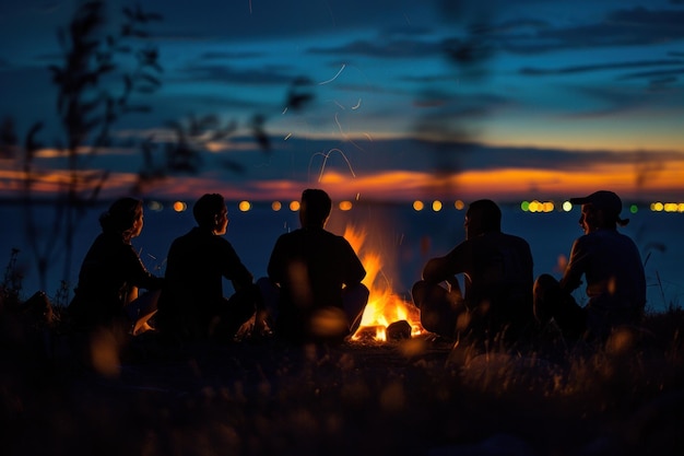 Photo silhouette of group of people sitting in the front of the fire as they talk seen from behind during dark night campfire