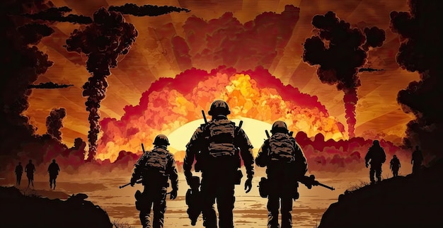 Silhouette of group of soldiers with weapons against the background of sunset and explosions Generative AI